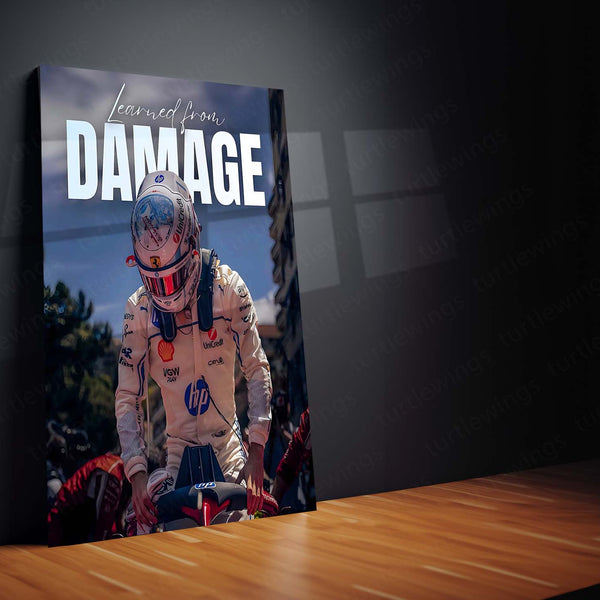 Quote Metal Poster | Charles Leclerc – Learned From Damage Metal Frame Resilience & Comeback Mindset Wall Art | Growth Through Failure Quote Metal Poster