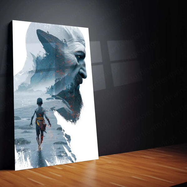 Game Metal Poster | ⚔️ Kratos Double Exposure Metal Poster | God of War Game Cover Art | Epic Gaming Wall Decor