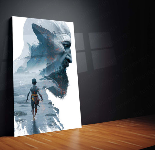 Game Metal Poster | ⚔️ Kratos Double Exposure Metal Poster | God of War Game Cover Art | Epic Gaming Wall Decor