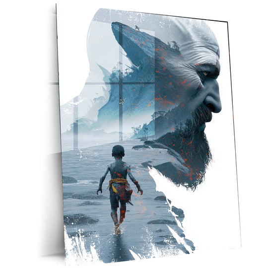 Game Metal Poster | ⚔️ Kratos Double Exposure Metal Poster | God of War Game Cover Art | Epic Gaming Wall Decor