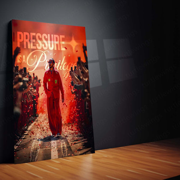 Quote Metal Poster | Lewis Hamilton – Pressure Is a Privilege Metal Frame | Elite Mindset Formula 1 Wall Art | Champion Mentality Quote Metal Poster