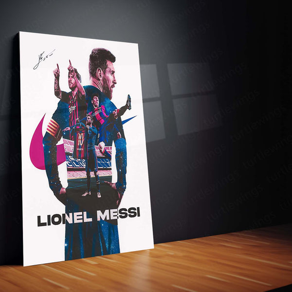 Lionel Messi – Mix Photo & Signature Metal Poster | Football Legend Wall Frame