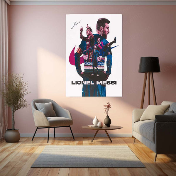 Lionel Messi – Mix Photo & Signature Metal Poster | Football Legend Wall Frame