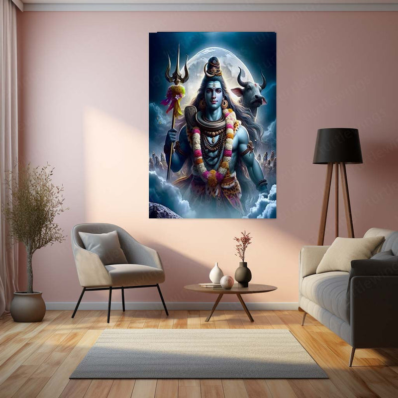 Lord Shiva with Nandi – Vibrant Abstract Spiritual Metal Frame | Sacred Hindu Wall Art | Divine Decor for Home & Temple 01