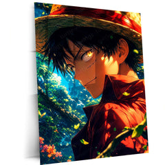 Anime Metal Poster | Monkey D. Luffy Forest Glow Metal Poster | One Piece Anime Wall Art | Premium Straw Hat Pirate Metal Print