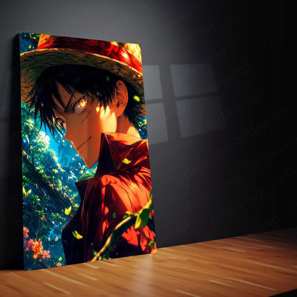 Anime Metal Poster | Monkey D. Luffy Forest Glow Metal Poster | One Piece Anime Wall Art | Premium Straw Hat Pirate Metal Print