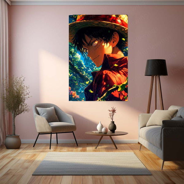 Anime Metal Poster | Monkey D. Luffy Forest Glow Metal Poster | One Piece Anime Wall Art | Premium Straw Hat Pirate Metal Print