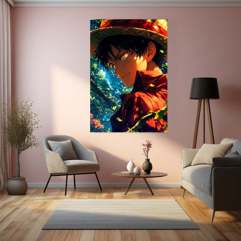 Anime Metal Poster | Monkey D. Luffy Forest Glow Metal Poster | One Piece Anime Wall Art | Premium Straw Hat Pirate Metal Print