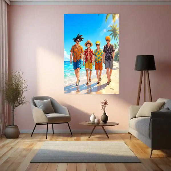 Anime Legends Beach Metal Poster | Luffy Naruto Goku Ichigo Wall Art | Anime Room Decor 01 - TURTLEWINGS 