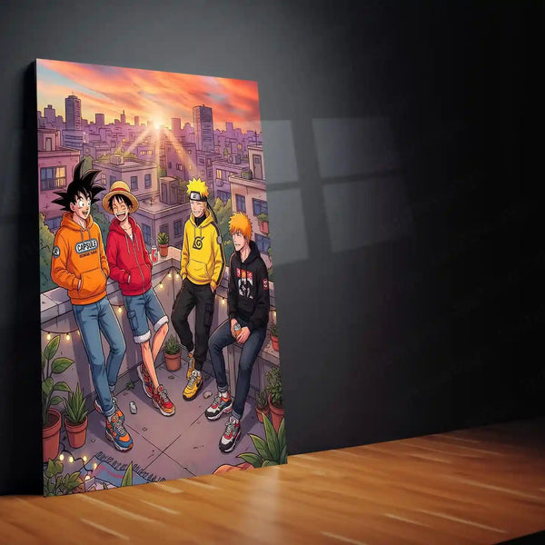 Anime Friends Rooftop Metal Poster | Luffy Naruto Goku Ichigo Chill Scene Wall Art | Anime Aesthetic City Sunset Frame - TURTLEWINGS 