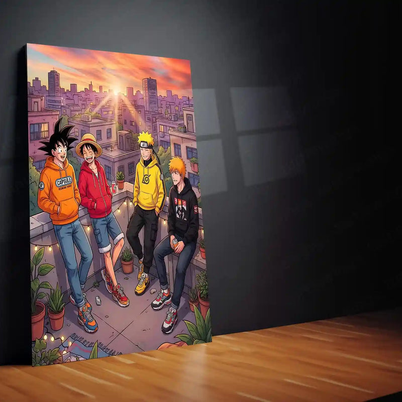 Anime Friends Rooftop Metal Poster | Luffy Naruto Goku Ichigo Chill Scene Wall Art | Anime Aesthetic City Sunset Frame - TURTLEWINGS 