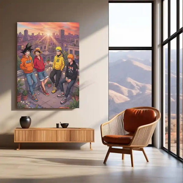 Anime Friends Rooftop Metal Poster | Luffy Naruto Goku Ichigo Chill Scene Wall Art | Anime Aesthetic City Sunset Frame - TURTLEWINGS 