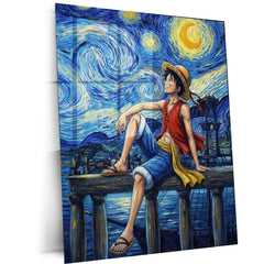 Luffy Starry Night Metal Poster | One Piece Artistic Wall Art | Van Gogh Style Anime Frame | Aesthetic Anime Room Decor - TURTLEWINGS 