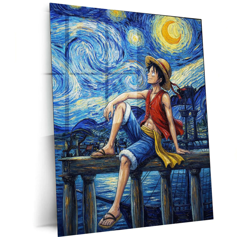 Luffy Starry Night Metal Poster | One Piece Artistic Wall Art | Van Gogh Style Anime Frame | Aesthetic Anime Room Decor - TURTLEWINGS 