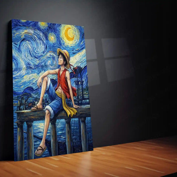 Luffy Starry Night Metal Poster | One Piece Artistic Wall Art | Van Gogh Style Anime Frame | Aesthetic Anime Room Decor - TURTLEWINGS 