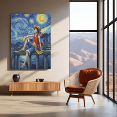Luffy Starry Night Metal Poster | One Piece Artistic Wall Art | Van Gogh Style Anime Frame | Aesthetic Anime Room Decor - TURTLEWINGS 