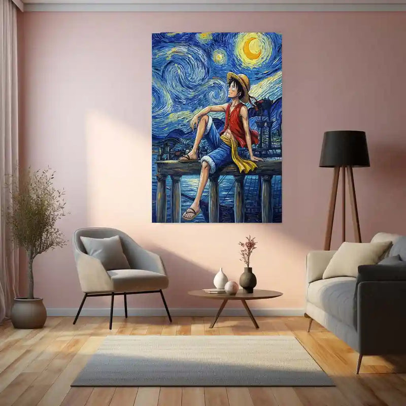 Luffy Starry Night Metal Poster | One Piece Artistic Wall Art | Van Gogh Style Anime Frame | Aesthetic Anime Room Decor - TURTLEWINGS 