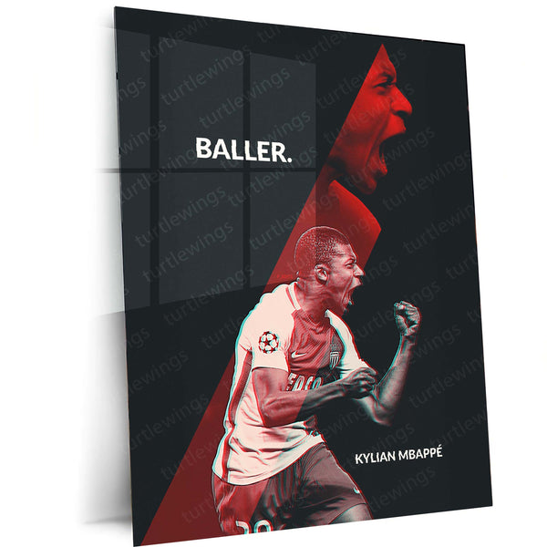 Mbappé Monaco Metal Frame – Red & Black Baller Art | Rising Star Poster - TURTLEWINGS 