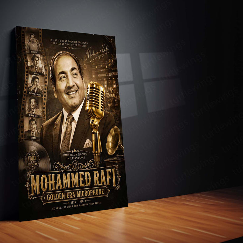 Mohammed Rafi – Golden Era Microphone | Vintage Bollywood Music Metal Frame | Timeless Melody Wall Art by TurtleWings