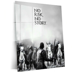 Quote Metal Poster | No Risk No Story Motivational Metal Poster | Courage & Risk-Taking Wall Art | Black & White Warrior Metal Print