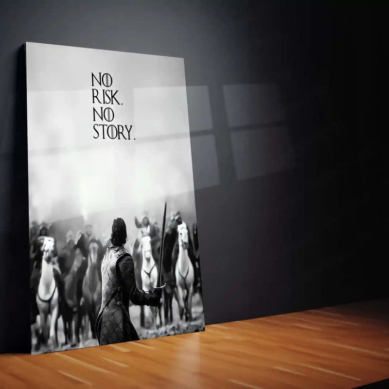 Quote Metal Poster | No Risk No Story Motivational Metal Poster | Courage & Risk-Taking Wall Art | Black & White Warrior Metal Print