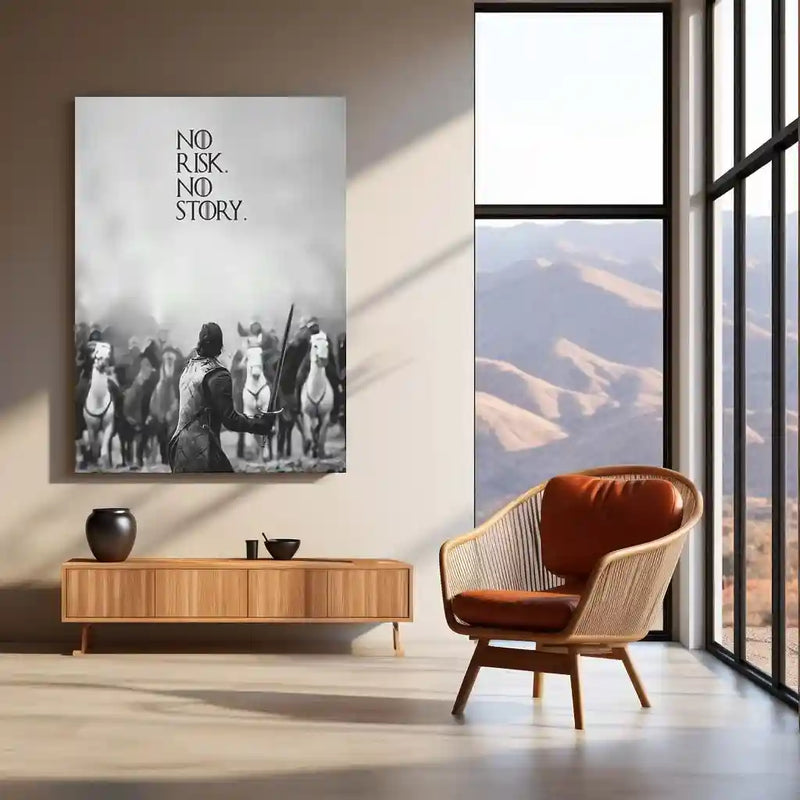 Quote Metal Poster | No Risk No Story Motivational Metal Poster | Courage & Risk-Taking Wall Art | Black & White Warrior Metal Print