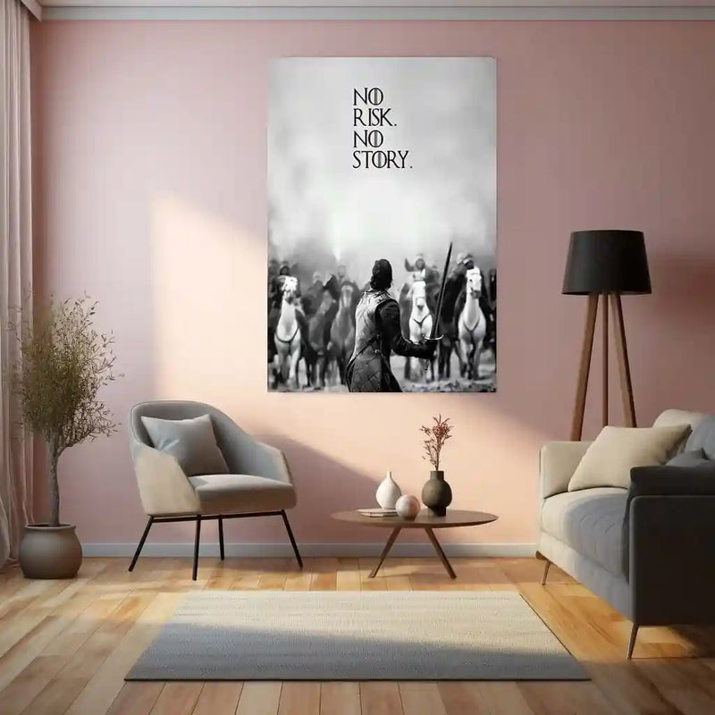 Quote Metal Poster | No Risk No Story Motivational Metal Poster | Courage & Risk-Taking Wall Art | Black & White Warrior Metal Print