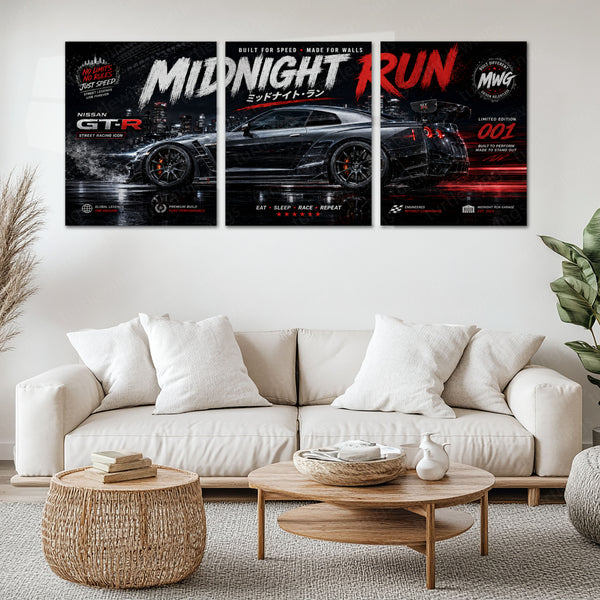 Car Metal Poster Set of 3 | Nissan GT-R Midnight Run Triptych Wall Art
