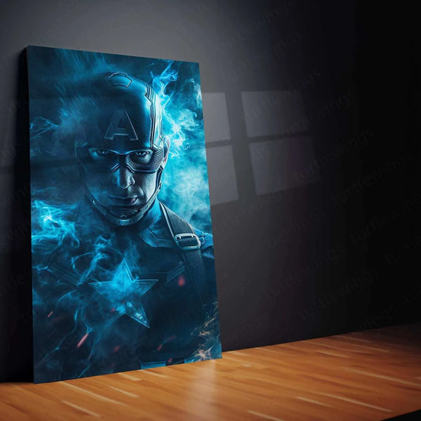 Captain America – Blue Smoke Effects with Cosmic Background Metal Poster by Mundex - TURTLEWINGS 