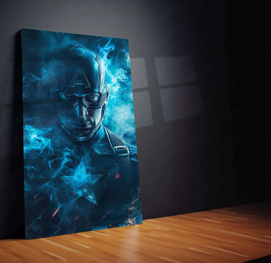 Captain America – Blue Smoke Effects with Cosmic Background Metal Poster by Mundex - TURTLEWINGS 