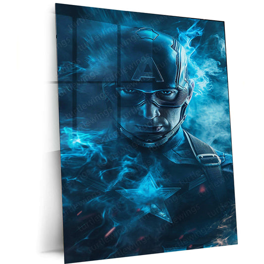 Captain America – Blue Smoke Effects with Cosmic Background Metal Poster by Mundex - TURTLEWINGS 