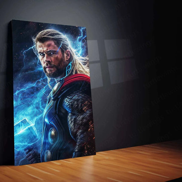 Thor Holding Thor's Hammer with Lightning - Digital Artwork Print - TURTLEWINGS 