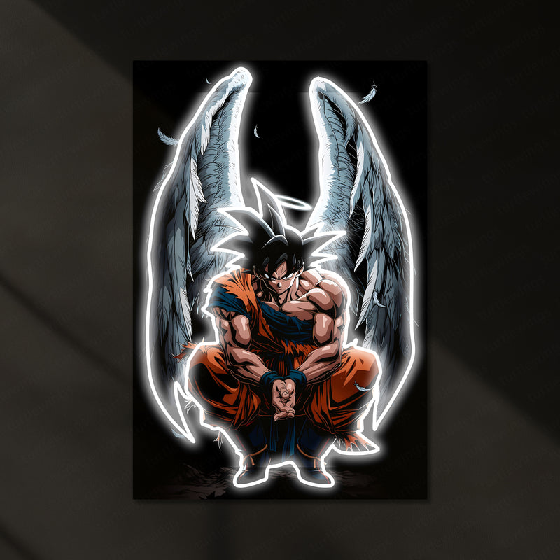 Angel Goku Neon LED Frame | Dragon Ball Anime Wall Art | White Aura Divine Warrior Design