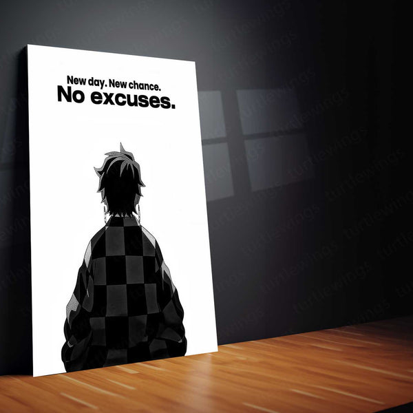 Anime Metal Poster | Tanjiro – No Excuses Metal Poster Anime Motivation Wall Art | New Day Mindset Metal Frame