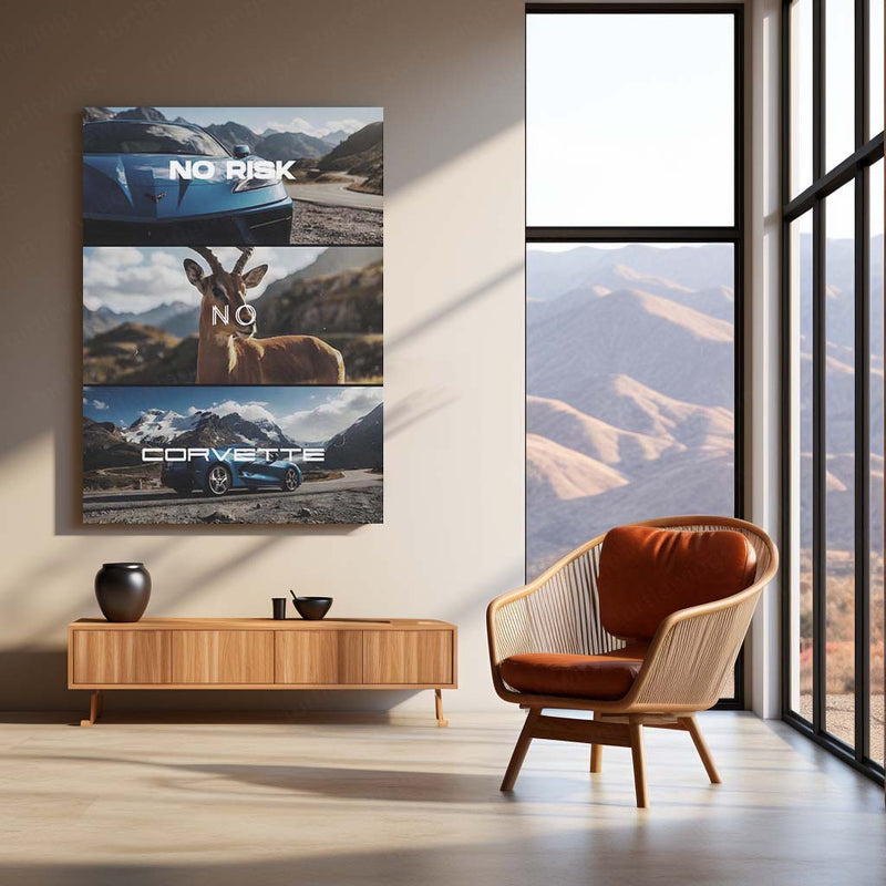 Quote Metal Poster | No Risk, No Corvette Metal Frame American Muscle Ambition Wall Art | Power, Freedom & High-Stakes Mindset Quote Metal Poster