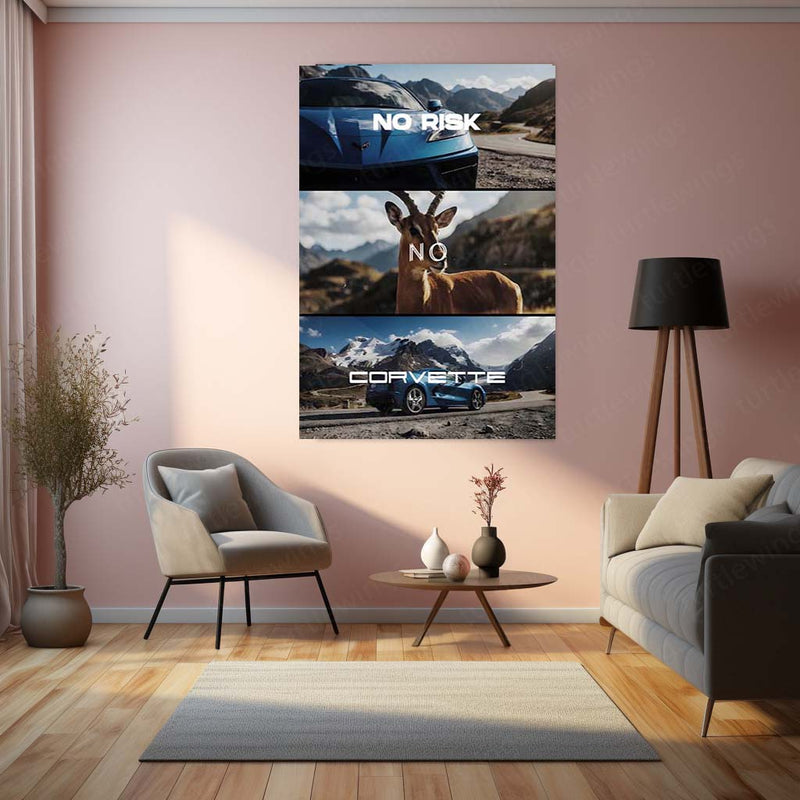 Quote Metal Poster | No Risk, No Corvette Metal Frame American Muscle Ambition Wall Art | Power, Freedom & High-Stakes Mindset Quote Metal Poster