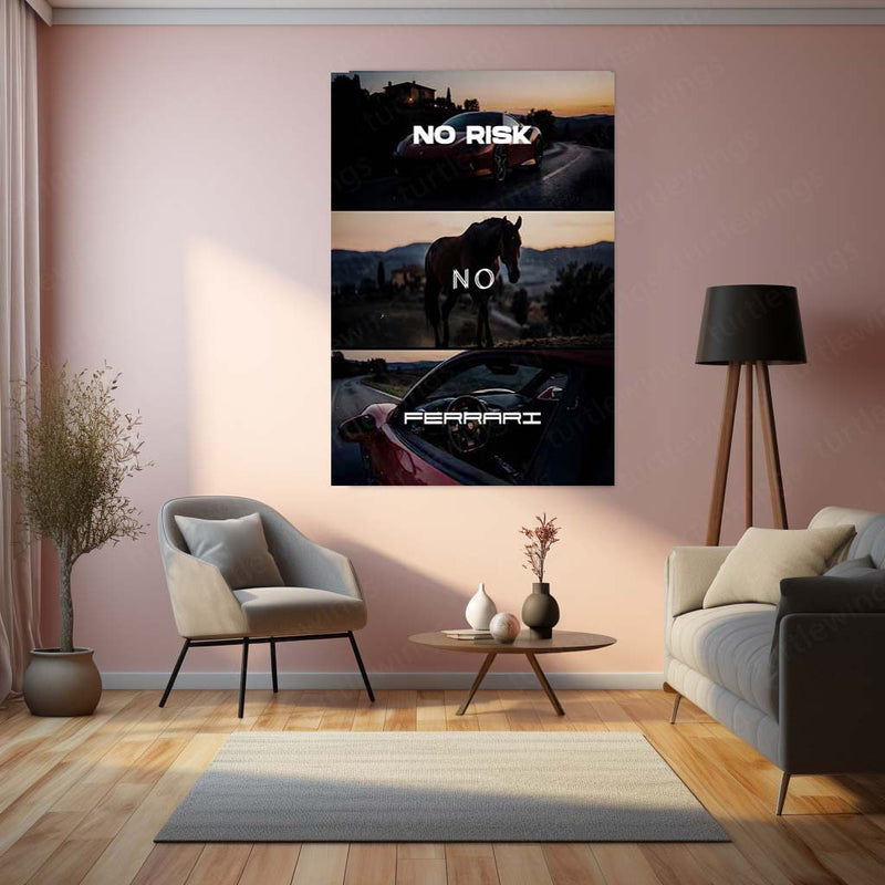 Quote Metal Poster | No Risk, No Ferrari Metal Frame Italian Performance Ambition Wall Art | Speed, Prestige & Elite Mindset Quote Metal Poster