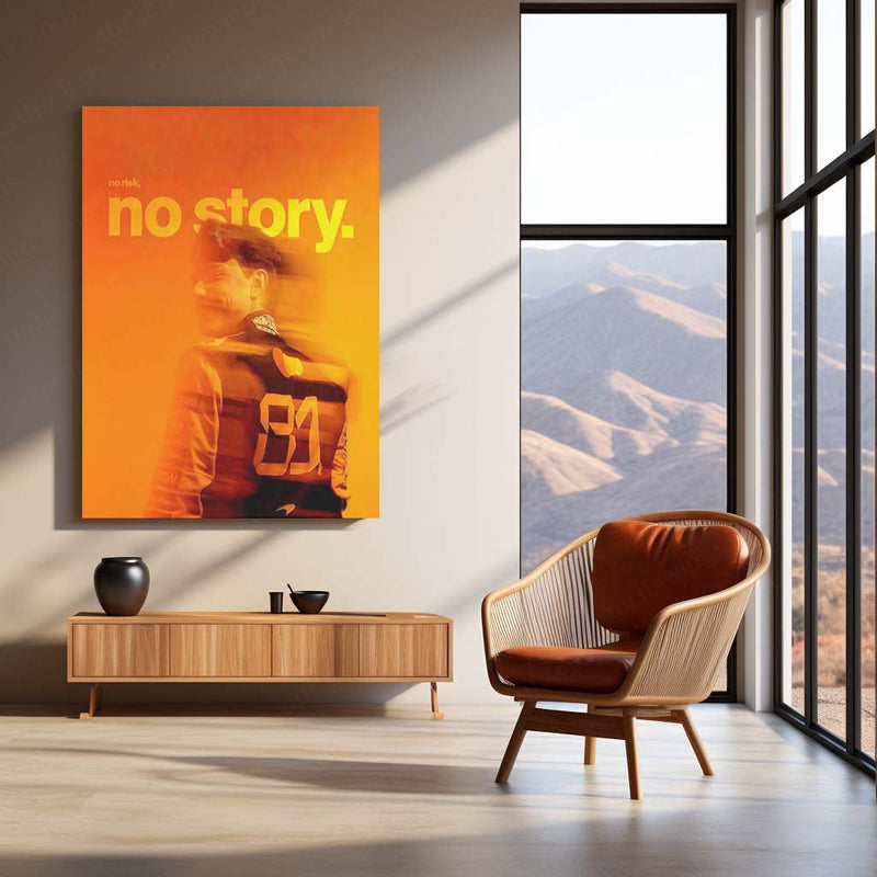 Quote Metal Poster | Oscar Piastri – No Risk, No Story Metal Frame Modern F1 Courage Wall Art | Fearless Decisions & Future Champion Mindset Quote Metal Poster
