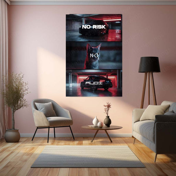Quote Metal Poster | No Risk, No Audi Metal Frame Precision Performance & German Engineering Mindset Wall Art | Bold Decisions Luxury Car Quote Metal Poster