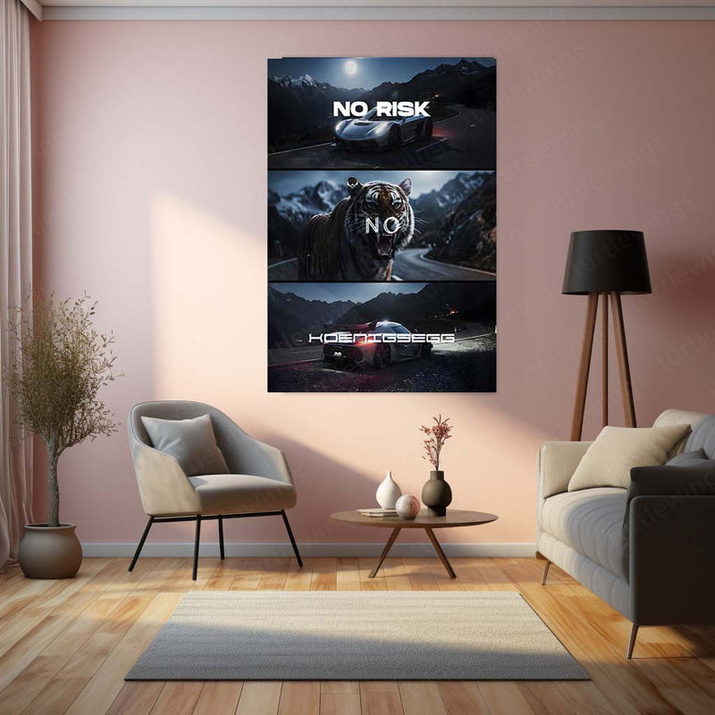 Quote Metal Poster | No Risk, No Koenigsegg Metal Frame Extreme Performance, Hypercar Legacy & Fearless Innovation Wall Art | Ultimate Speed Quote Metal Poster