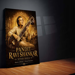 Pandit Ravi Shankar – Sitar Raga | Indian Classical Music Metal Frame | Timeless Maestro Wall Art by TurtleWings