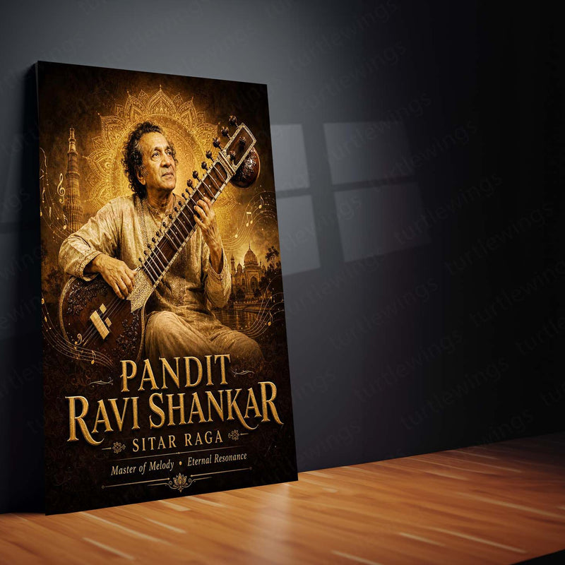 Pandit Ravi Shankar – Sitar Raga | Indian Classical Music Metal Frame | Timeless Maestro Wall Art by TurtleWings