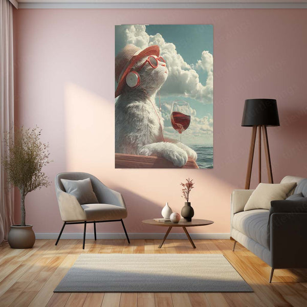 Cat with Red Wine Metal Frame | Quirky Animal Art for Wine Lovers - TURTLEWINGS 