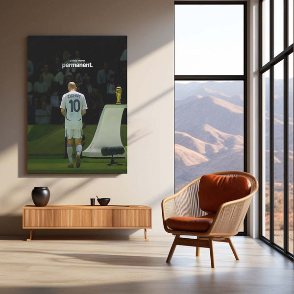 Quote Metal Poster | Zinedine Zidane – Pain Is Never Permanent Metal Frame Legacy Resilience & Champion Comeback Quote Wall Art | Timeless Football Mindset Metal Poster