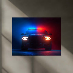 Police Vehicle PCR Lights Neon LED Metal Poster | Patrol Car Night Chase Edition | Law & Justice Wall Art