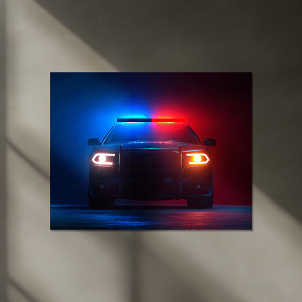 Police Vehicle PCR Lights Neon LED Metal Poster | Patrol Car Night Chase Edition | Law & Justice Wall Art