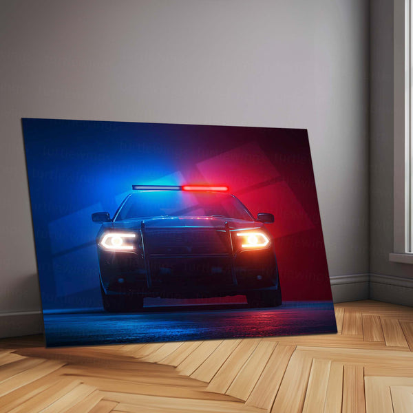 Police Vehicle PCR Lights Neon LED Metal Poster | Patrol Car Night Chase Edition | Law & Justice Wall Art