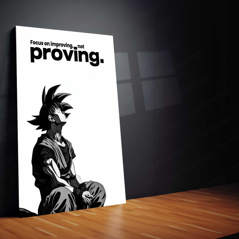 Anime Metal Poster | Goku – Improving Not Proving Metal Poster Anime Motivation Wall Art | Self Growth Mindset Metal Frame