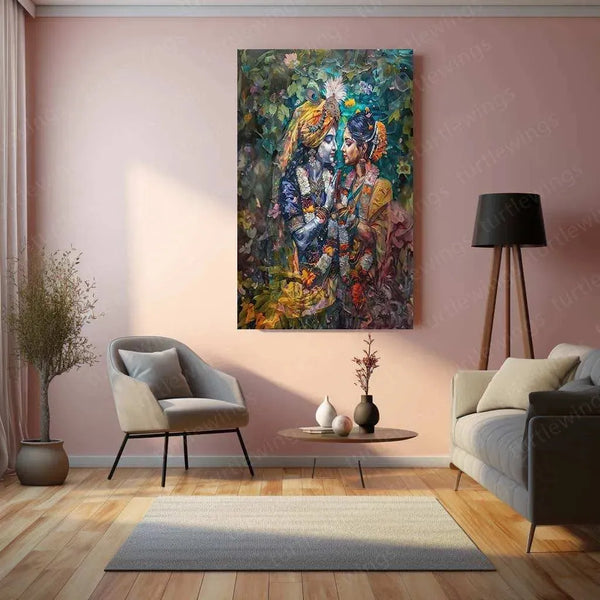 Radha Krishna Metal Poster | Divine Love Painting | Spiritual Wall Art - TURTLEWINGS 