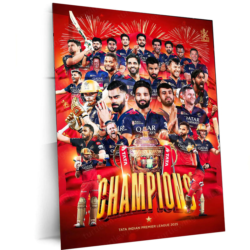 Cricket Metal Poster |🏆 RCB Wins IPL Trophy 2025 – Champion Celebration Metal Poster | Virat Kohli Led Victory Wall Art 06